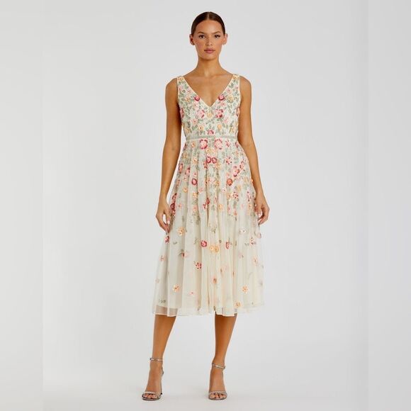 Mac Duggal 5527 Cream V-Neck Sleeveless Midi Floral Beaded A-line Dress 10 - Picture 4 of 14